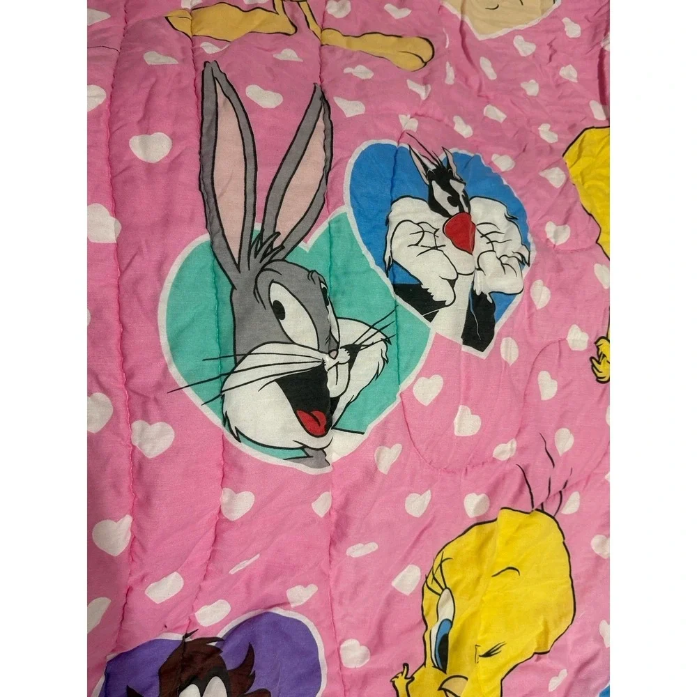 Vintage 1994 Twin Looney Tunes Bed Comforter Pink Warner Bros Tweety Taz Bugs